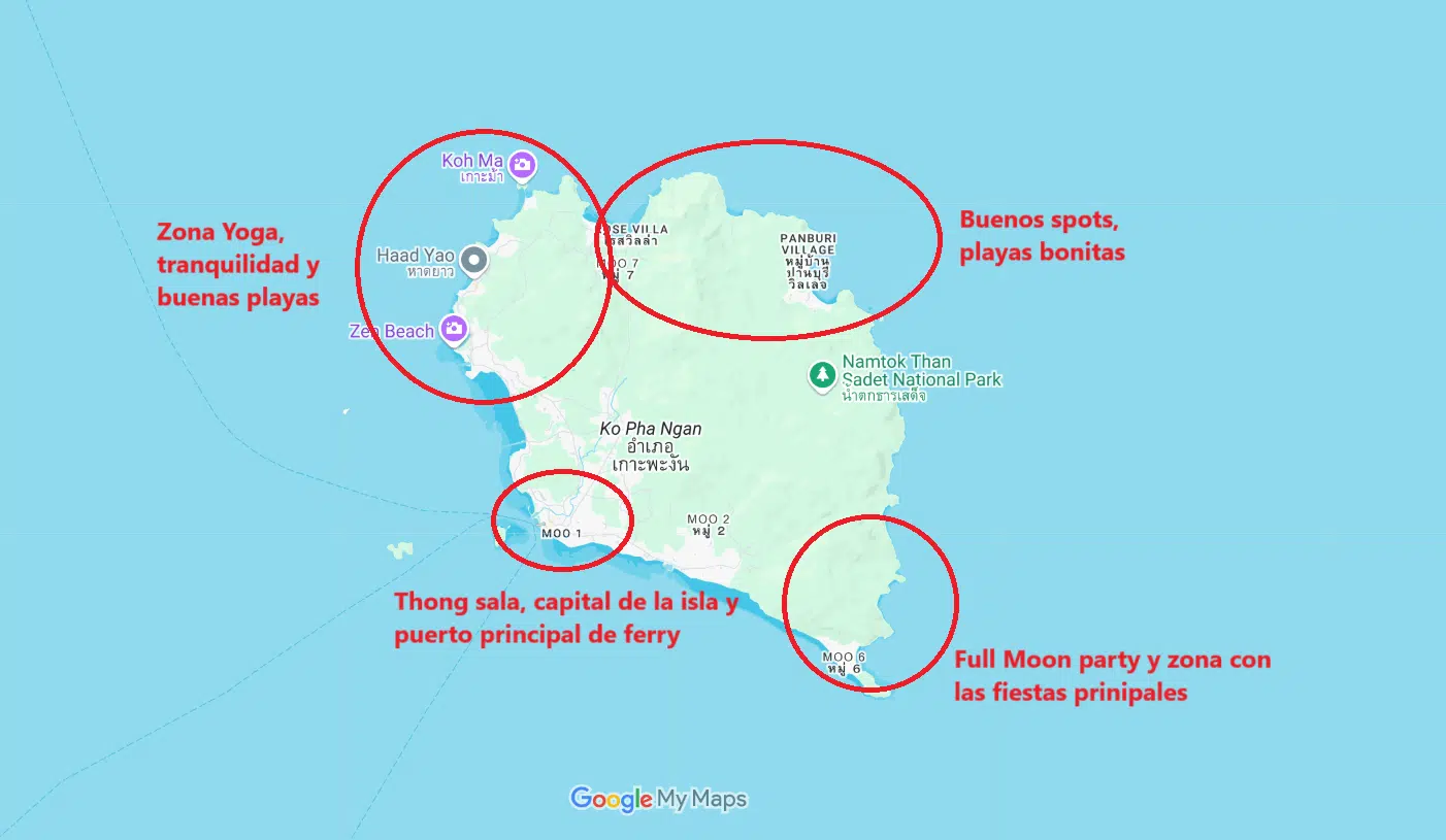 Mapa dividido por zonas donde alojarse en Koh Phangan según tu tipo y estilo de viaje