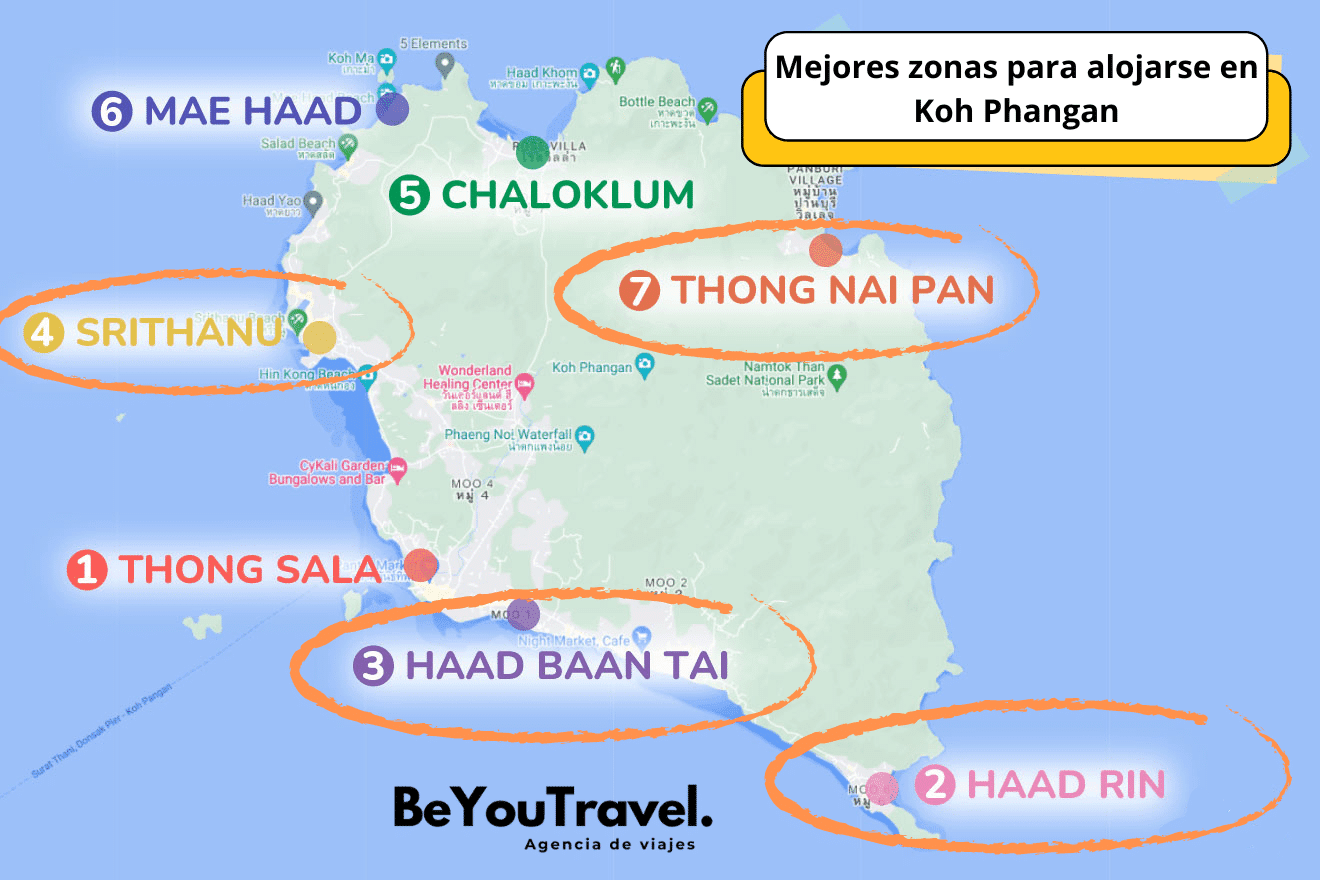Mapa Mejores zonas donde alojarse en Koh Phangan
