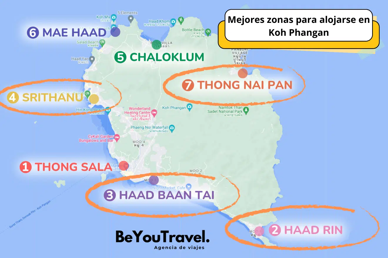 Mapa Mejores zonas donde alojarse en Koh Phangan