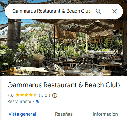 Gammarus beach club reseñas y puntuación google