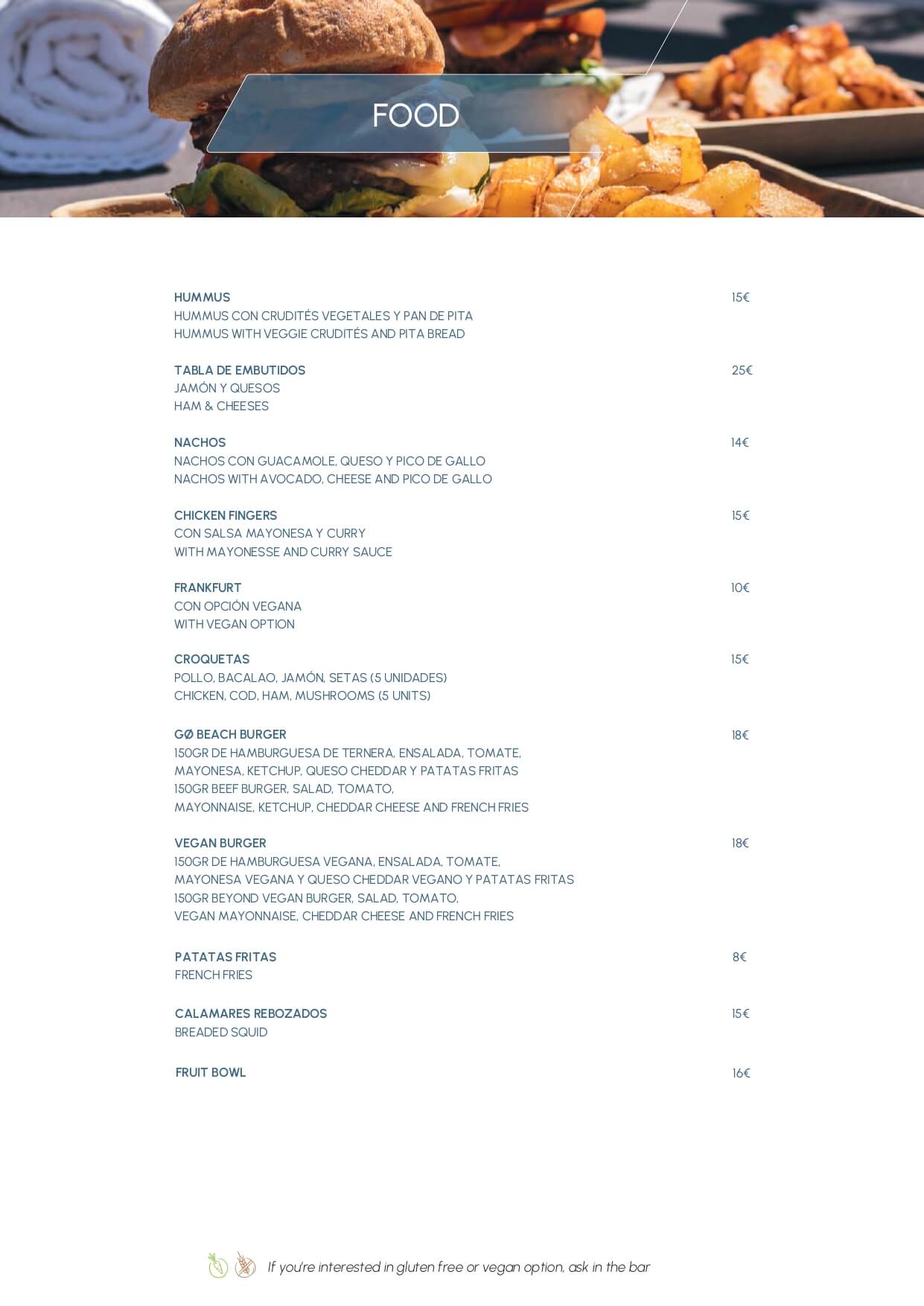 Menñu comida y precios go beach club Barcelona