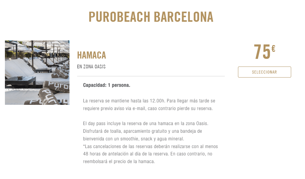 Precios hamaca puro beach barcelona
