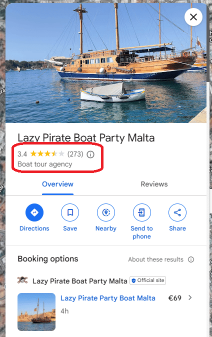 Puntuación y opiniones Google Lazy Pirate Boat Malta