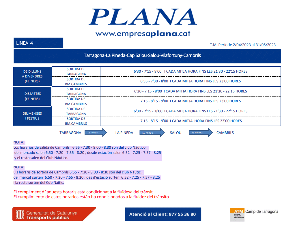 transporte horarios cap salou